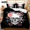Skull Duvet Cover Set Queen 3D Skeleton Floral Skull Pattern Printed Bedding Qulit Cover Gothic Microfiber Bedding Queen Size
