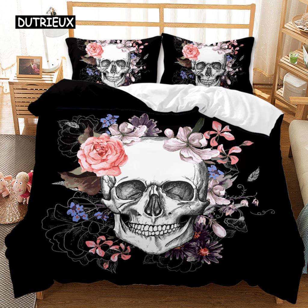 Skull Duvet Cover Set Queen 3D Skeleton Floral Skull Pattern Printed Bedding Qulit Cover Gothic Microfiber Bedding Queen Size