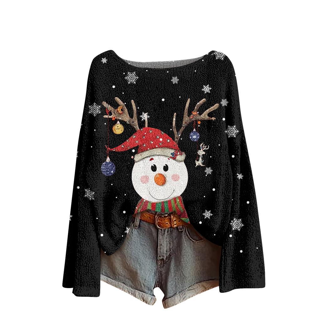 Women's Fashion Round Neck Long Sleeve Christmas Print Casual Pullover Sweater Top