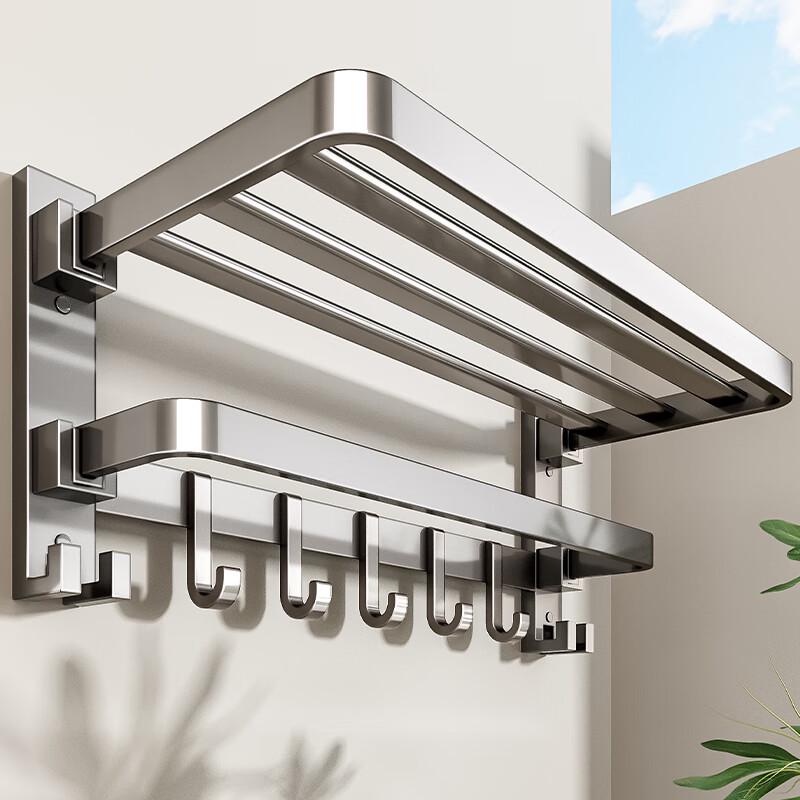 

Складний настінний тримач для рушників без свердління з гачками та полицею для зберігання