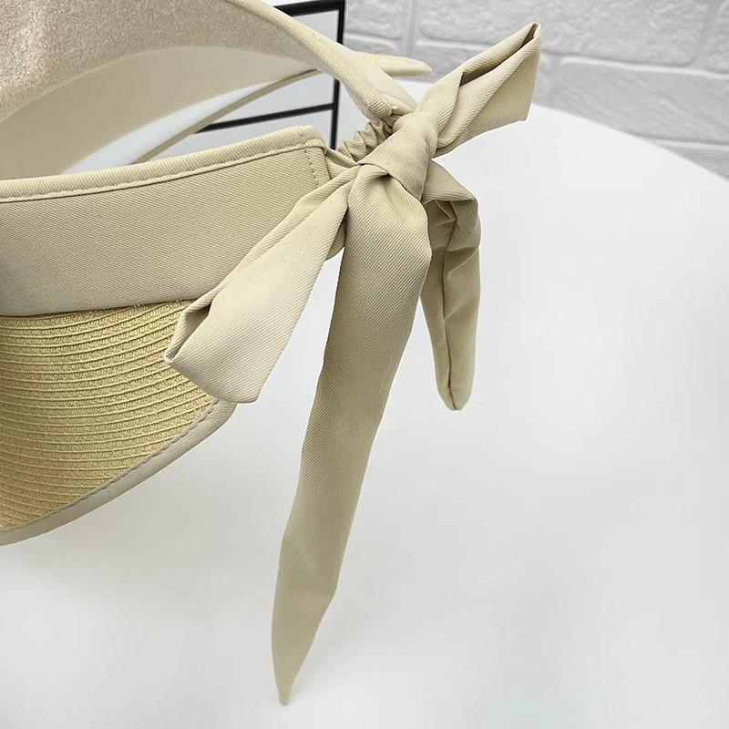 Sunscreen hat women's summer empty top hat straw braided splicing bow sunshade purple line travel no top sun hat