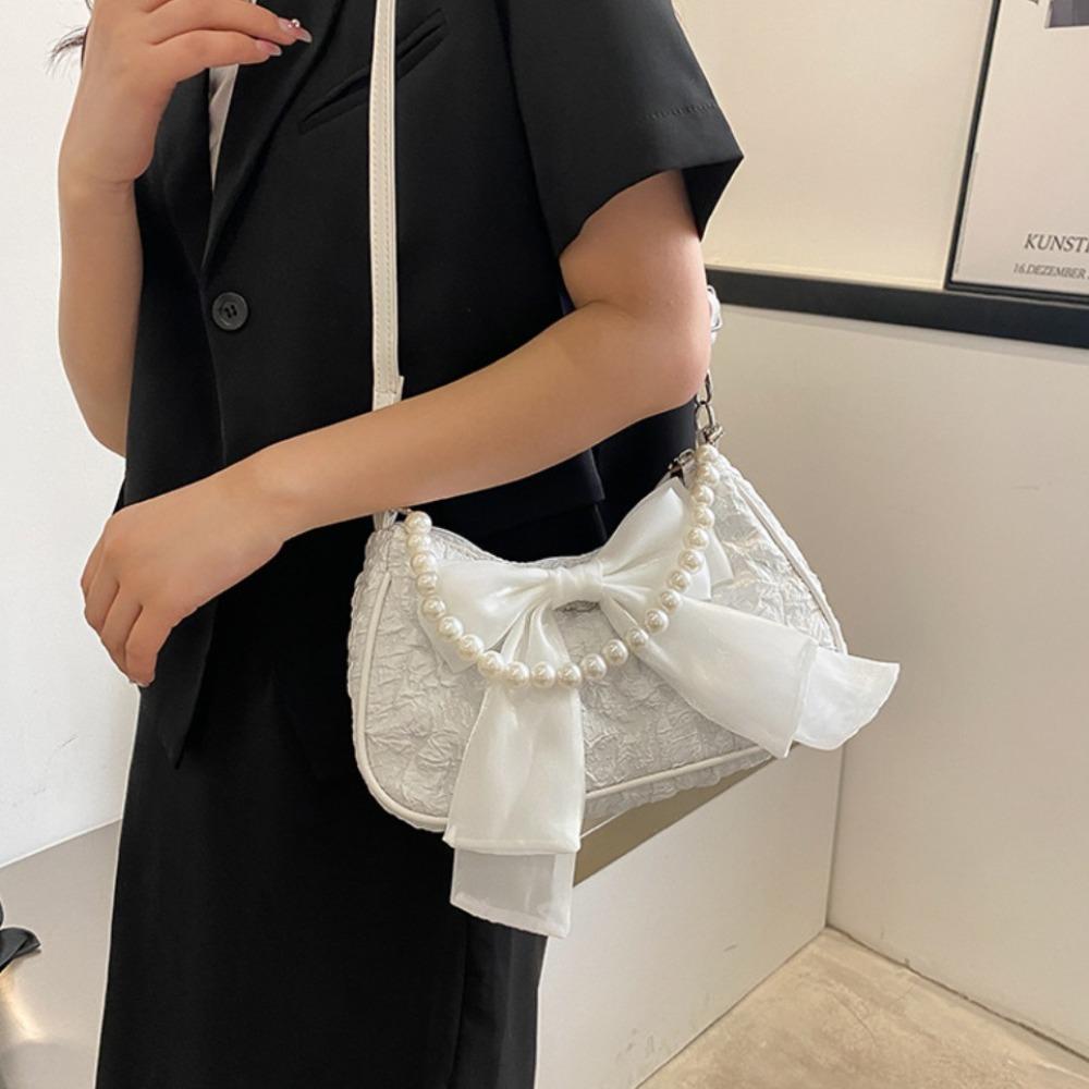 Fashi Canvas Bow Shoulder Bag Korean Style Handbag Bow Underarm Bag Crossbody Bag Pearl Small Square Bag Ladies