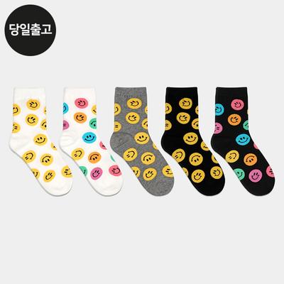 PG Women's/Student Big Smile Pattern Mid-Calf Socks (5 Pairs) Set Daily Student Women