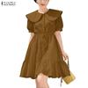 Women Casual Doll Collar Solid Color Summer Short Sleeve Dress