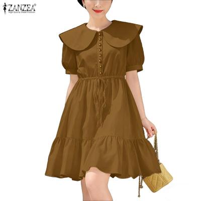 Women Casual Doll Collar Solid Color Summer Short Sleeve Dress