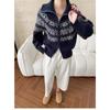 Korean Fashion Autumn Winter Zipper Cardigan Women Sweater Jacket Retro Printed Lapel Loose Knitted Coats Long Sleeve Office Fashion Elegant Clothing