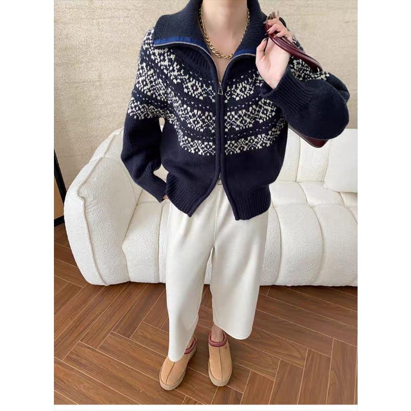 Korean Fashion Autumn Winter Zipper Cardigan Women Sweater Jacket Retro Printed Lapel Loose Knitted Coats Long Sleeve Office Fashion Elegant Clothing