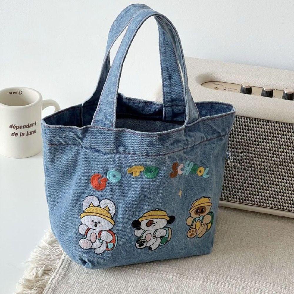 Washed Denim Zipper Tote Bag Large Capacity Cartoon Embroidery Handbag School Outdoor Picnic Pouch Lunch Bag Food Storage