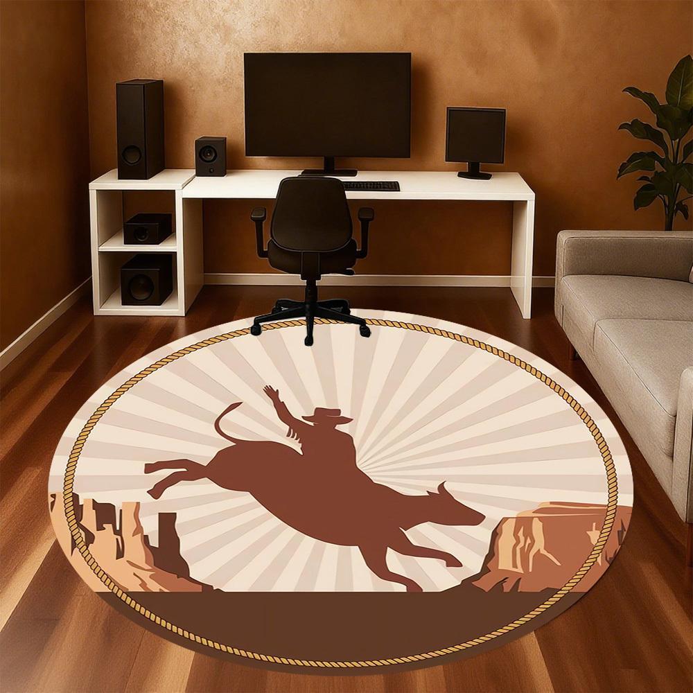 1pc Bull RidingRodeo Round Chair mat Area Rug - Non-Slip, Floor Mat for Office, Bedroom, home decor Christmas Gift p0811336