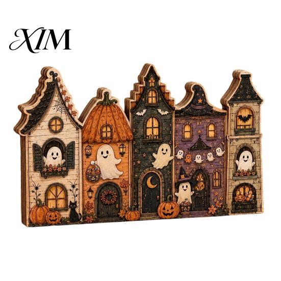 Indoor Autumn Harvest Decor Halloween Retro Haunted Village Wooden Tabletop Decor, Fall Farmhouse Witch Holiday Party Home Accents House Ornament,