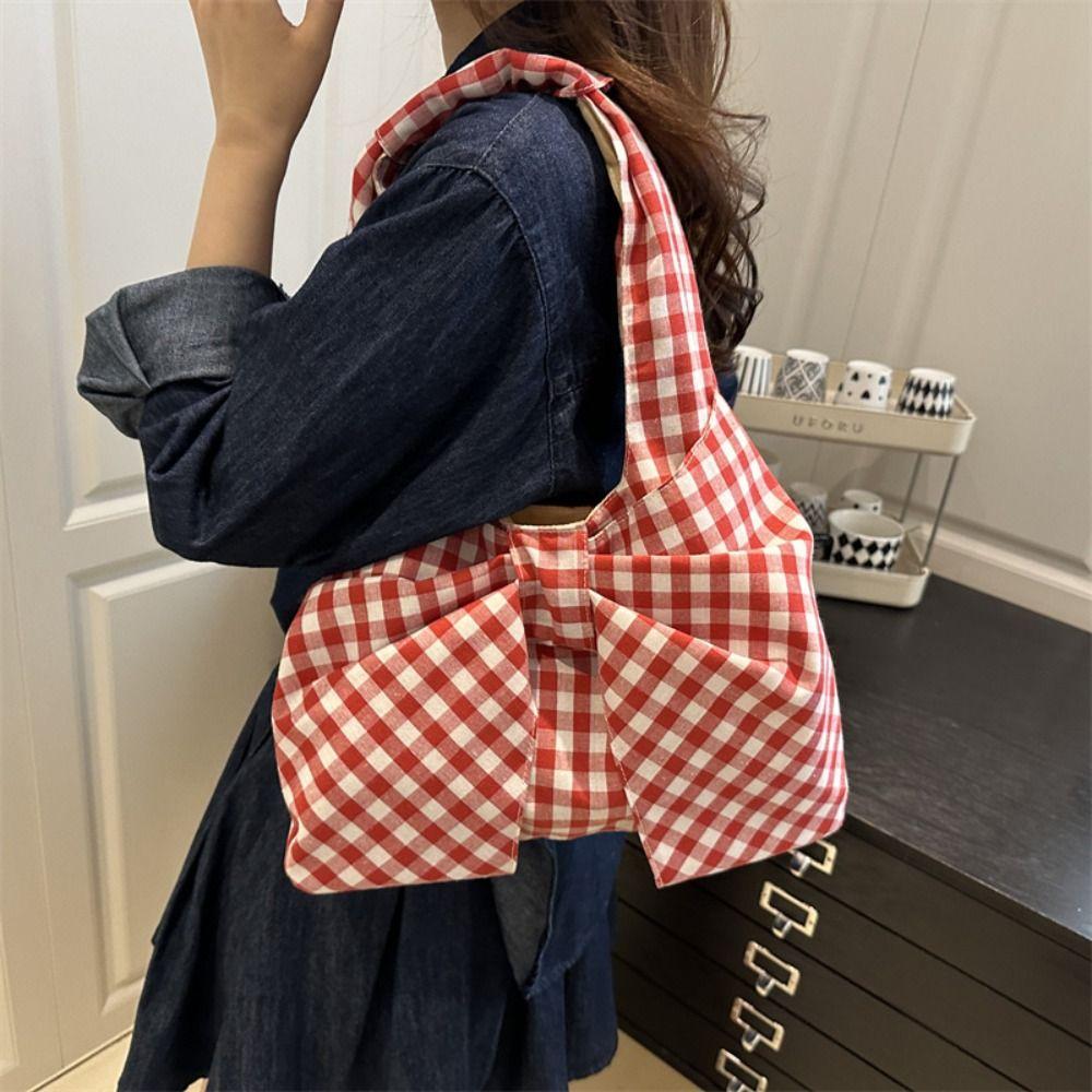 Bowknot Bow Shoulder Bag Large Capacity Plaid Tote Bag Simple Handbag Travel