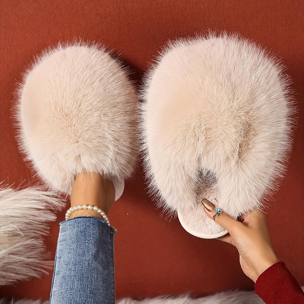 1 Pair Elegant Faux Fur Slippers for Women, Indoor/Outdoor House Shoes, Korean Style Warm Flat Non-Slip Rubber Sole, Pure Color, Fabric Lined