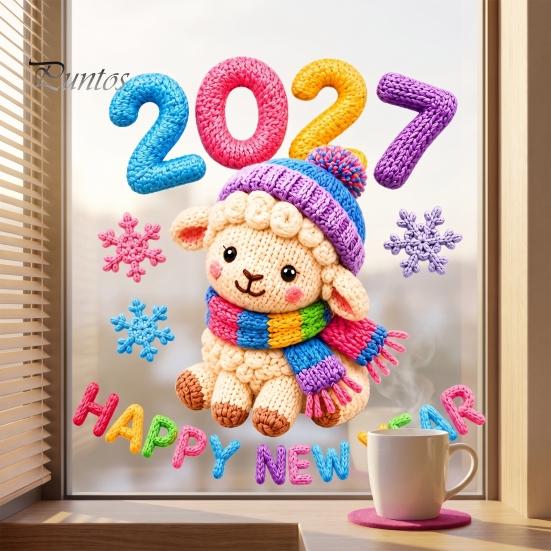 Commercial Store New Year Decor Chinese Window Stickers, 2027 Goat Static Clings, Reusable Winter Theme Decals Crochet Knit Lamb Decals, for Home Shop