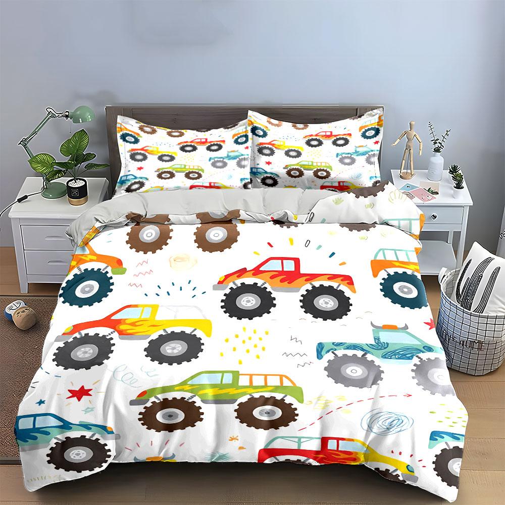 Colorful Monster Trucks Pattern Bedding Duvet Cover Set Duvet Cover Pillowcases (1*Duvet Cover 2*Pillowcases, without duvet insert)