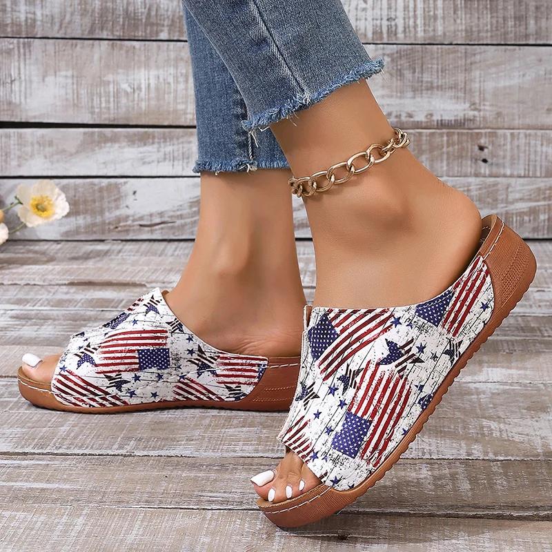 Fashion Star&stripe Platform Slippers for Women Open Toe Thick Bottom Slides Woman Summer Pu Leather Non-Slip Beach Flip Flops Female