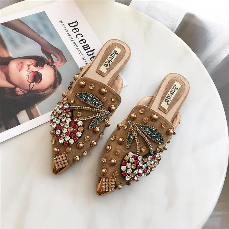 

Fashion Women s Flat Sole Single Shoe Baotou Slippers Rivet Crystal Rhinestone Cherry Pointed Women s Shoe Lazy Muller Shoe 35 хаки