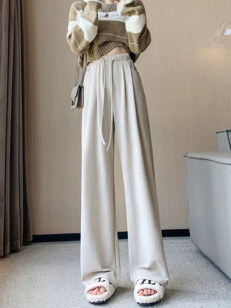 Petite High-Waisted Wide-Leg Glutinous Rice Pants - Women's Slimming Straight-Leg Spring/Autumn Floor-Length Pants