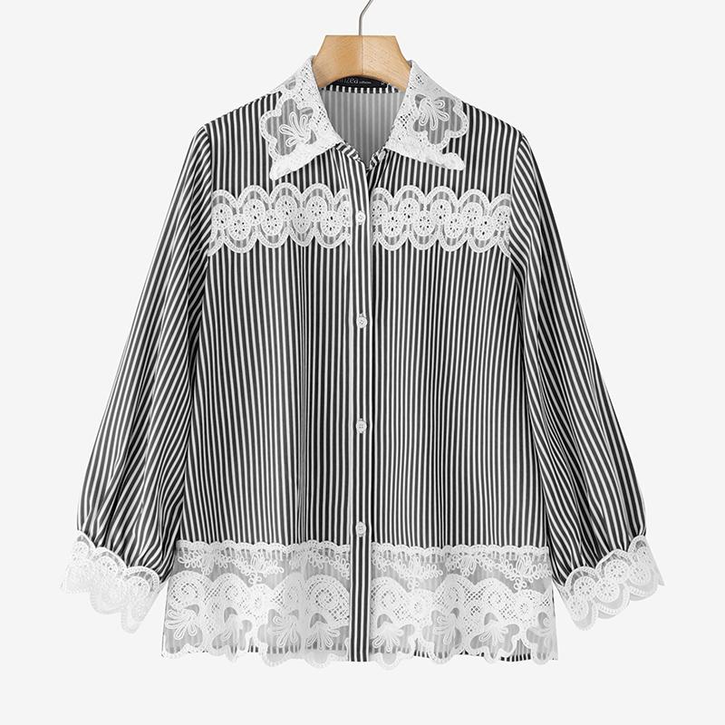 ZANZEA Women Casual Lace Patchwork Loose Long Sleeve Stripe Blouse