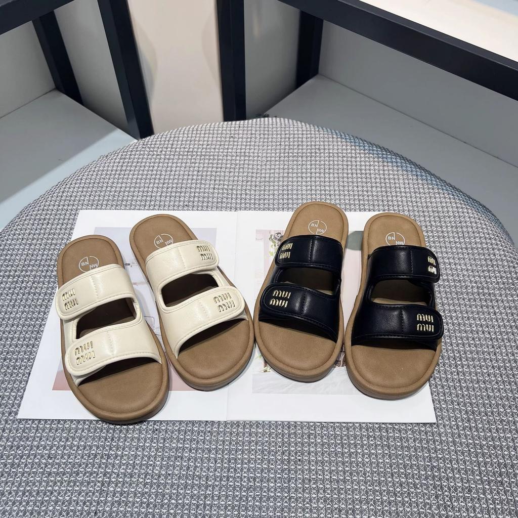 Thick-soled Letter Velcro One-word Cool Slippers Women's 2025 New Comfortable and Lightweight Beach Slippers