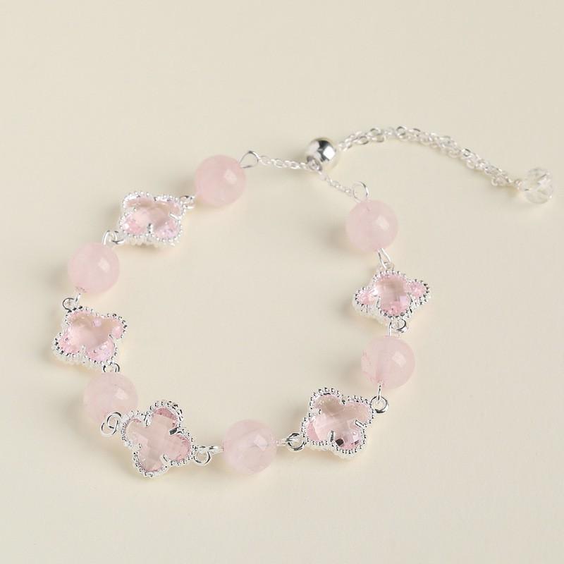 Natural Crystal Four Leaf Clover Alloy Bracelet Women Men Handcrafted Polished Gemstone Jewelry Accessory