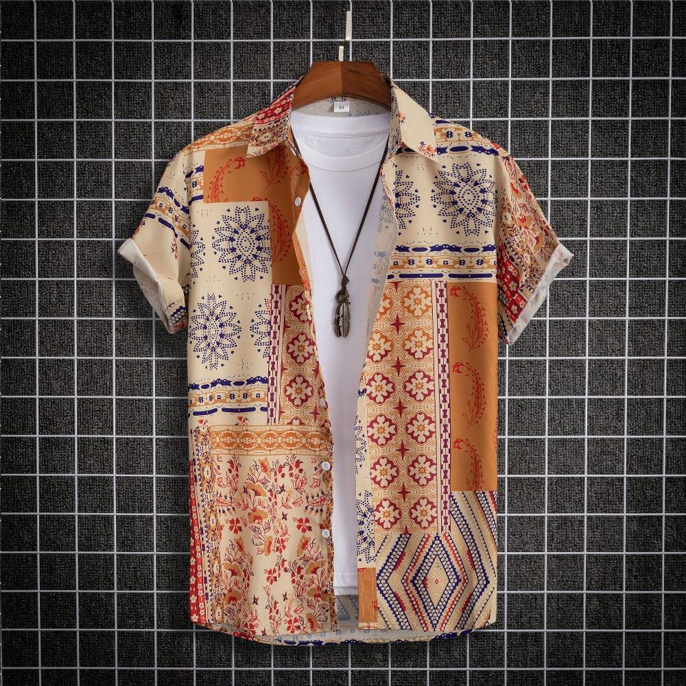 2025 Hawaiian Shirt Men's Fashion Floral Geometric Print Blouse Single-breasted Beach Short-sleeved Blouse Men's Vacation Clothing