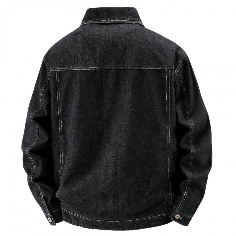 Mens Oversized Denim Jacket Fall Casual Outerwear With Turn-Down Collar Multiple Pockets