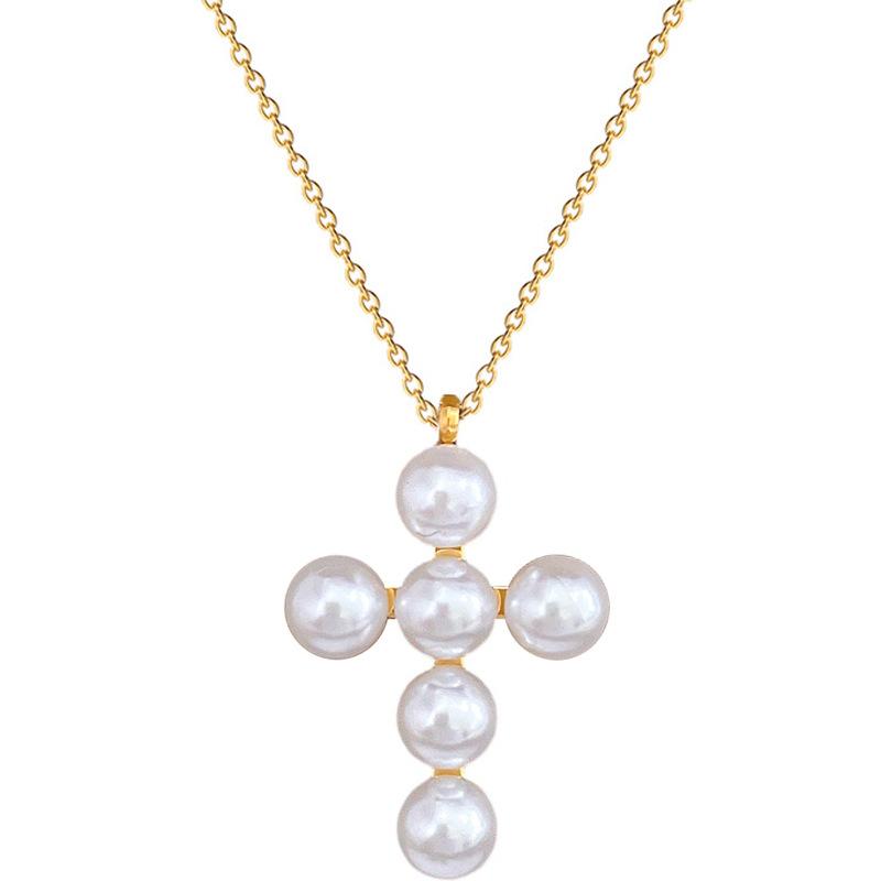 Pearl Cross Minimalist Wind Furnace Real Gold Necklace Female Collarbone Chain Accessories