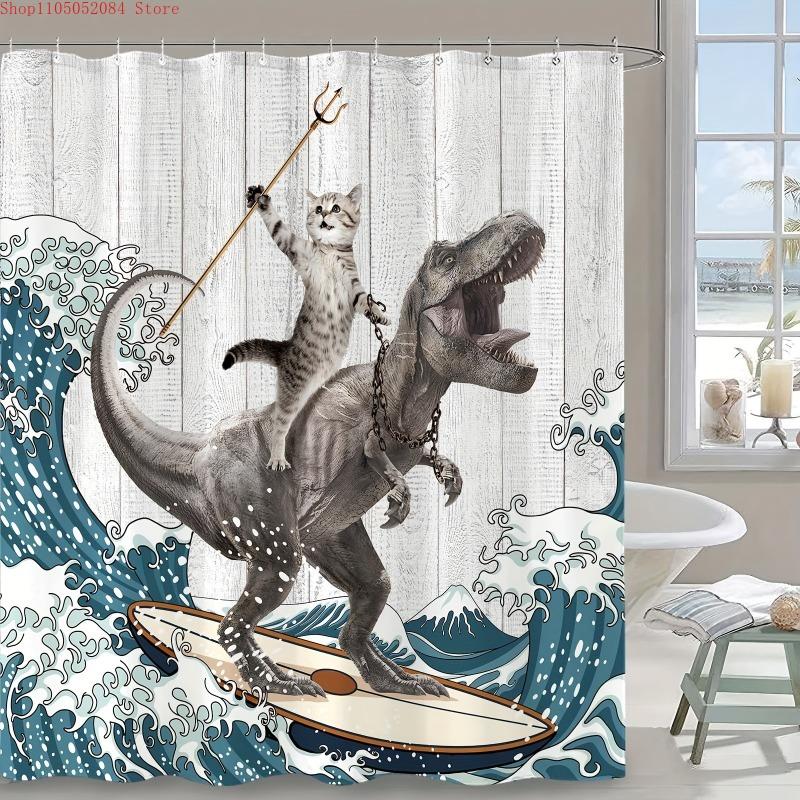 surfing dinosaur ocean shower curtain shower curtain -   With Hooks Waterproof Mildew Proof Easy Install Washable