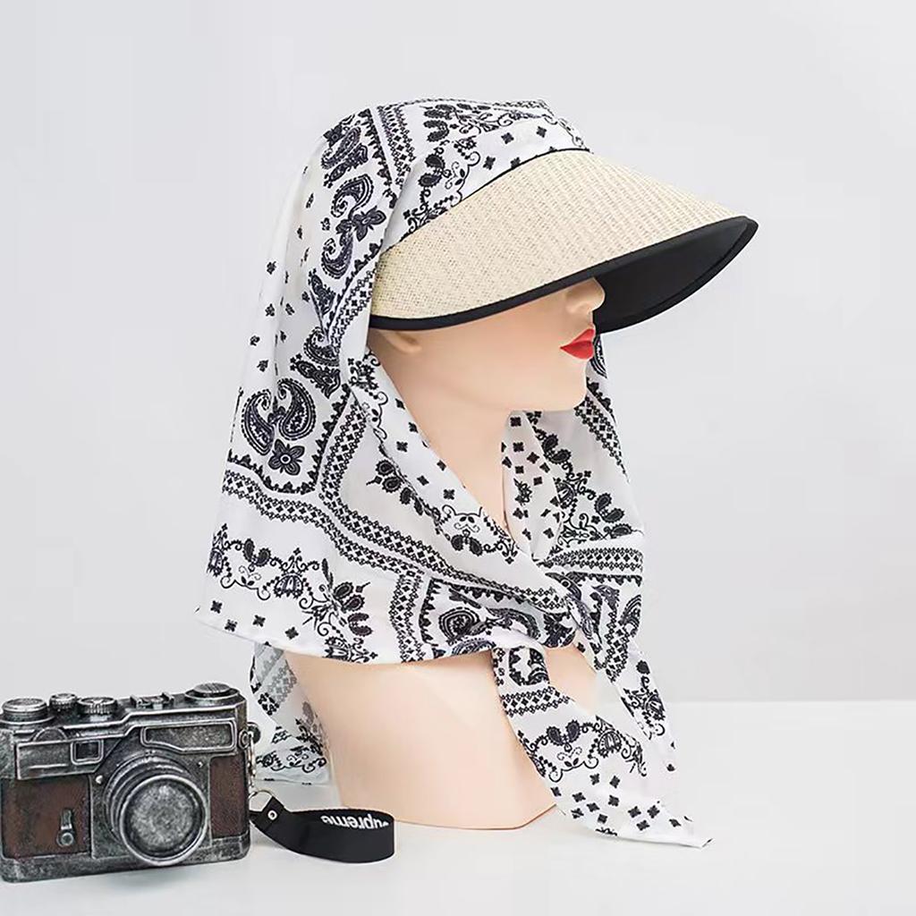 Vintage Women Sun Hat with Headscarf Summer Large Brim Full Face Cover Sunscreen Straw Cap Female Outdoor UV Protection Hat