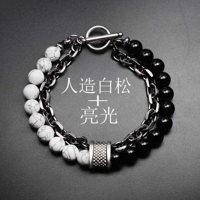Latest Black White Stone Men 'S Bracelets Double Chain Link Stainless Steel Beaded Bracelets Bangle Male JewelryFashion Chain