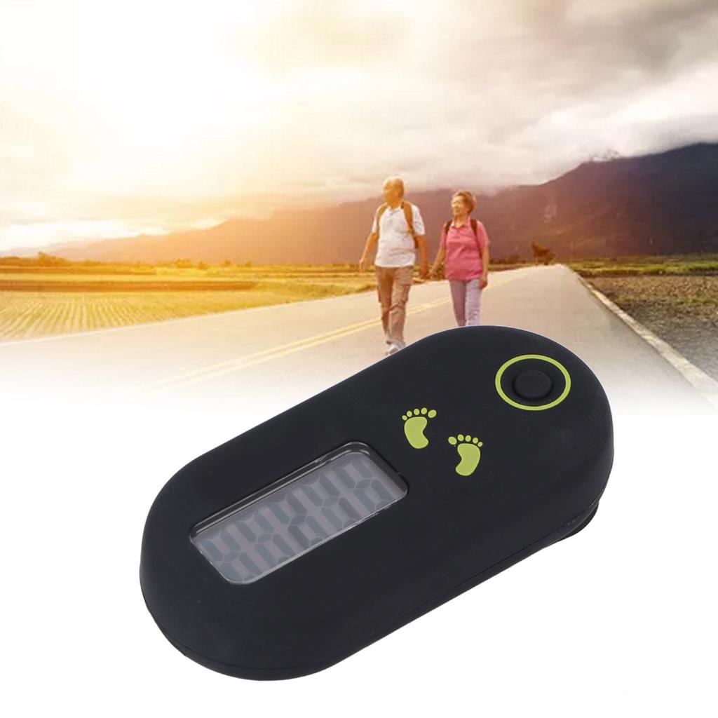 Mini krokoměr s lehkým pasovým klipem, matným povrchem a šňůrkou na krk