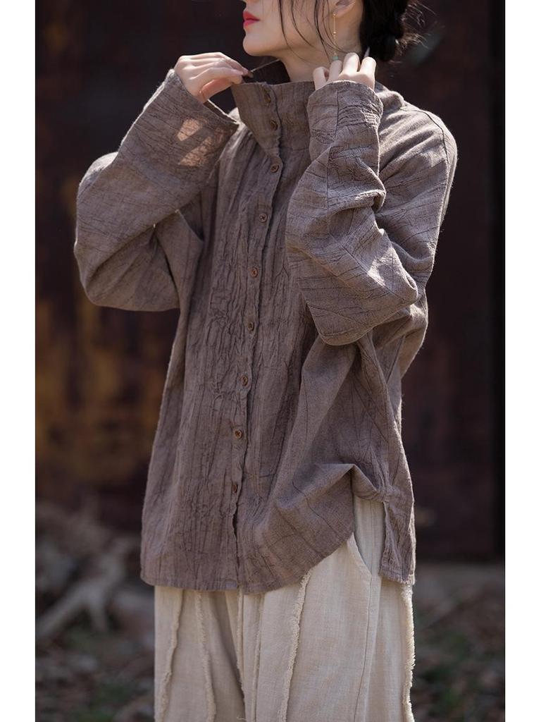 Women's Winter Tie-Dye Ramie Cotton Cardigan - Loose, Semi-High Collar Shirt in National Style.