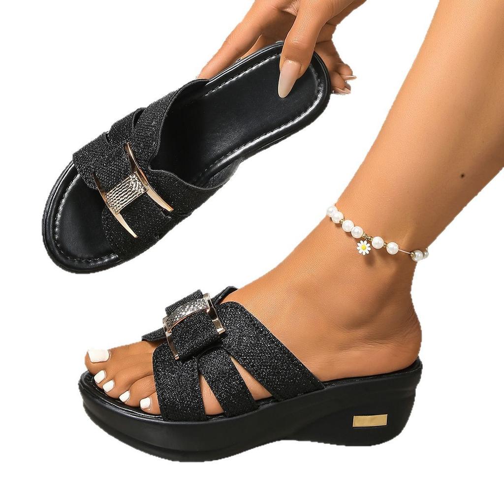 Zehentrenner mit dicker Sohle, coole Hausschuhe für Damen, aus weichem Leder, vielseitige Ein-Wort-Hausschuhe, Sommer 2025, neue Muffin-High-Heel-Hausschuhe