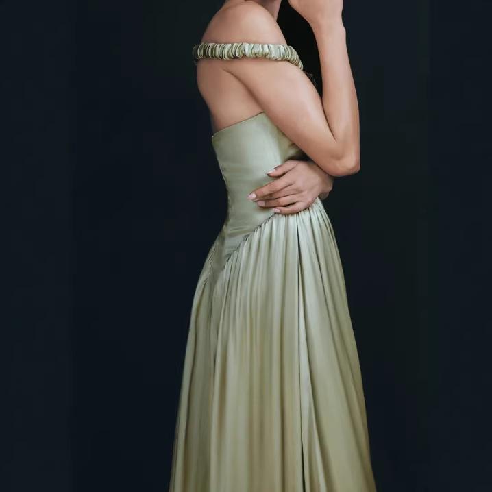 European and American Shrink Pleated Waist A Pendulum Net Color Satin Dress 2026 New High Waist Slim Dress Long Dress