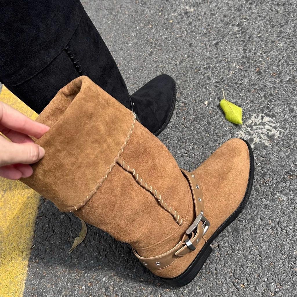 Korean Version Flanged Low Heel Small Round Head Western Boots Female Knight Boots Belt Buckle Long Cowboy Boots High Ballet Boots