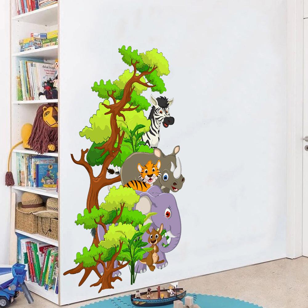Waterproof Self-adhesive Big Tree Animal Elephant Rhino Tiger Maca Wall Sticker Bedroom Living Room Wall Decor Sticker Door Sticker