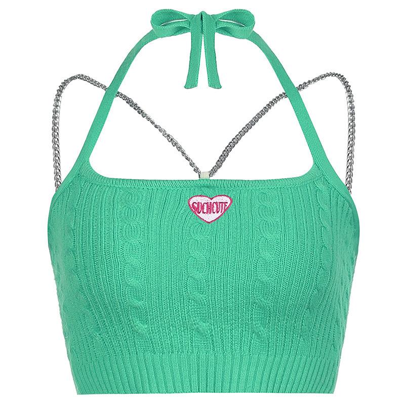 Summer New Sweet and Spicy Wind Candy Color Wool Woven Chain Love Letter Embroidery with A Base Vest Small Suspenders Women