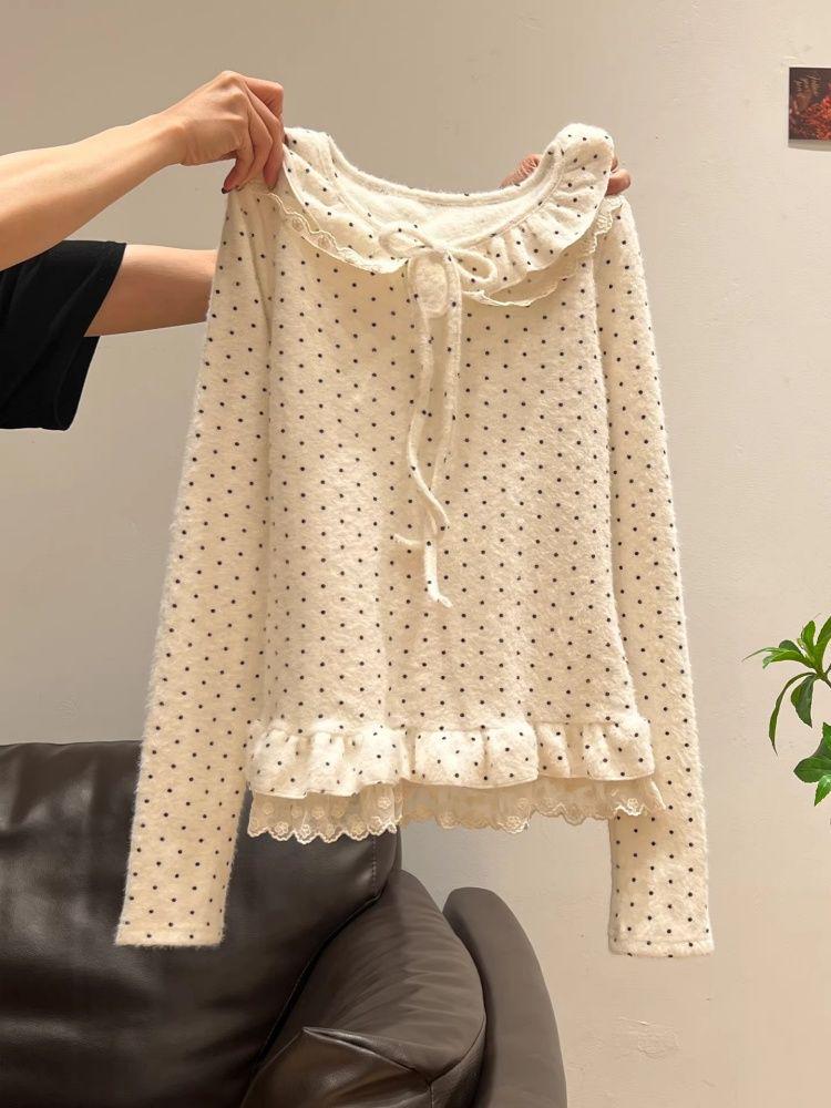 Stylish Slimming Velvet Polka Dot Long Sleeve Round Neck Top