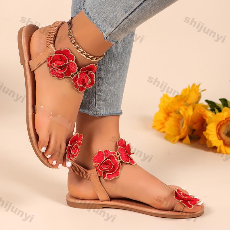 Fashion Women Flowers Roman Sandals 2025 Summer New Luxury Design Breathable Shoes Women Casual Fashion Bohemian Flats Beach Sandals