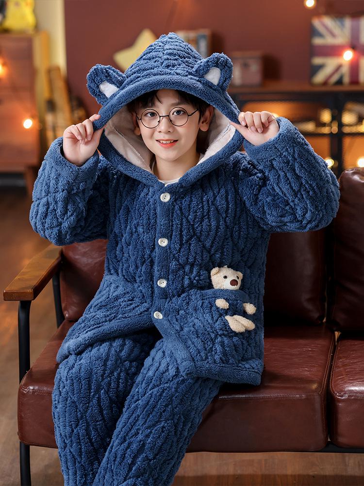 Winter Kids' Flannel Pajamas: Boys & Girls Coral Fleece, Velvet-Lined, Three-Layer Quilted Parent-Child Sleepwear