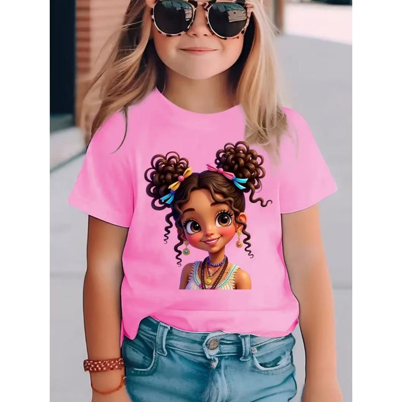 Girls' Summer Crew-Neck Short-Sleeved Top New Black Girls Cute Top Girls Clothes Cartoon Print T-Shirt Top Children's Clothing