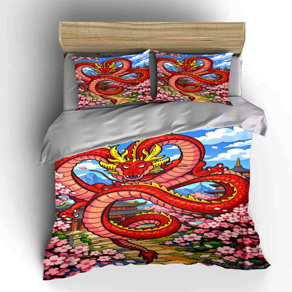 Red dragon with flowers. Bedding sets Duvet cover sets Duvet covers Pillowcases(1*Duvet Cover 2*Pillowcases without duvet insert)