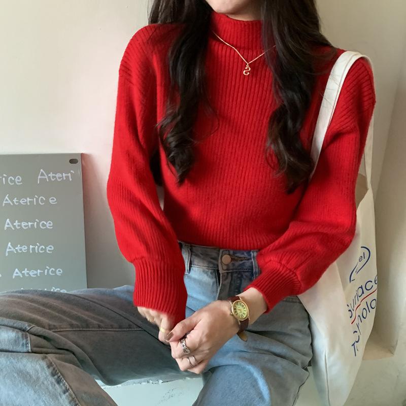 Женский свитер с полувысоким воротником осенне-зимний новый свободный и ленивый верхняя одежда утолщенный внутренний вязаный свитер one size fits all бордовый 2060₽
