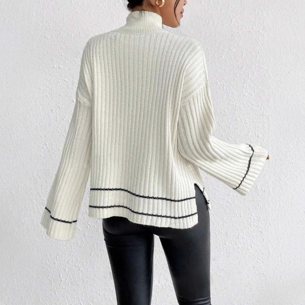 Women's Mock Neck Long Sleeve Contrast Stripe Ribbed Knit Loose Pullover Sweater Autumn Casual Top