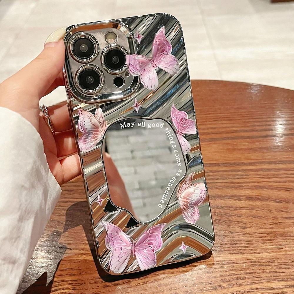 Cute Butterfly Makeup Mirror Wavy Phone Case For iPhone 16 15 14 13 12 11 Pro Max XS X XR 8 7 SE Plating Shockproof Bumper Cover