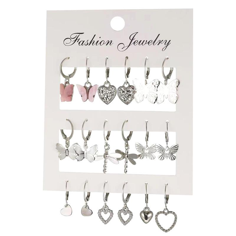 9Pcs/Set Cute Butterfly Heart Drop Earrings Set Gold Silver Color Geometric Metal Earrings Jewelry Accessories Gifts