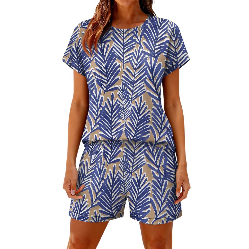 Women's Casual And Comfortable Floral-Print Short-Sleeve Set With Pockets