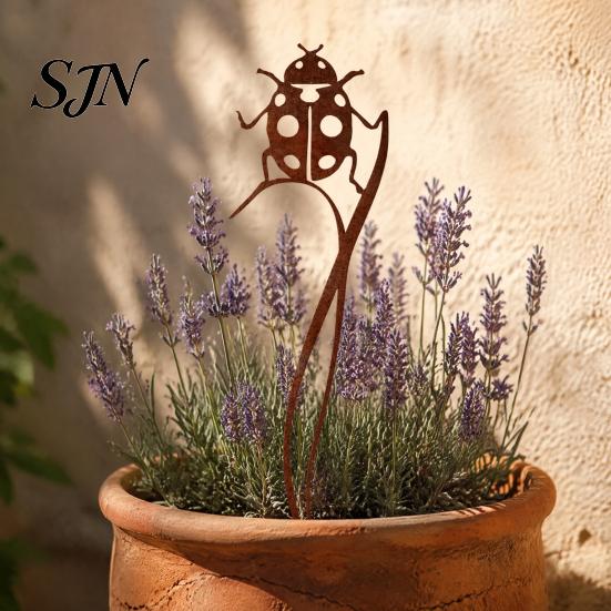 Rust Colored Garden Accents Rusty Silhouette Stake, Rustic Flower Pot Insert for Patio, Vintage Metal Stakes Bird Bee Butterfly And Ladybug