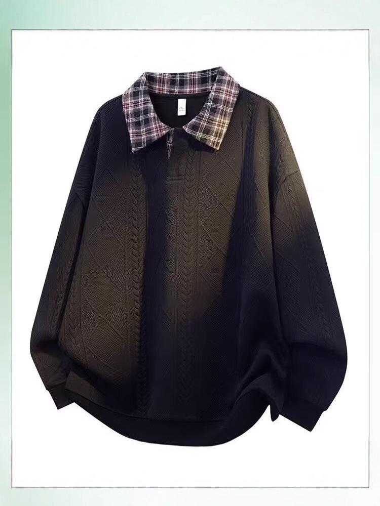 Men's Retro Color Block Plaid Long Sleeve Heavyweight Polo Collar Hoodie