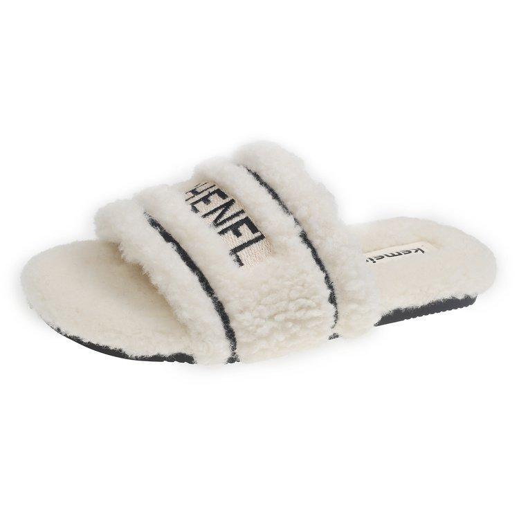 [Youshilai] 2025 Autumn and Winter Mao Mao Letter Slippers Female Korean Ins Style Home Wear Flat Bottom One-word Drag